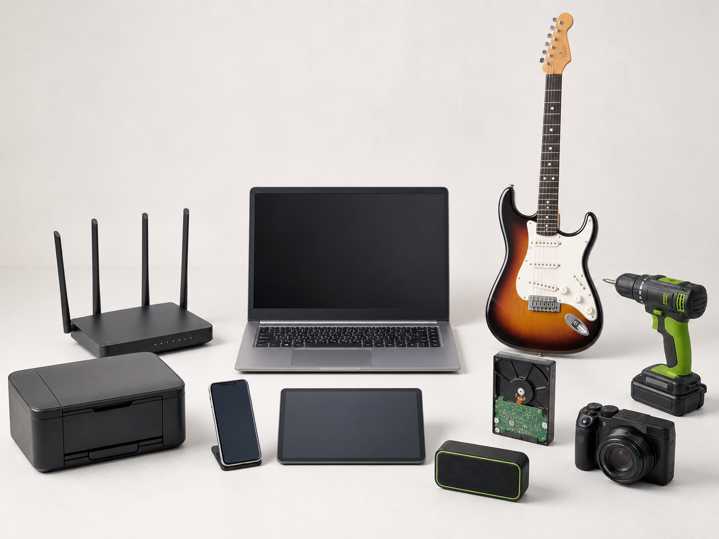 回収対象となるパソコン、スマートフォン、プリンタ、カメラ、楽器、周辺機器など