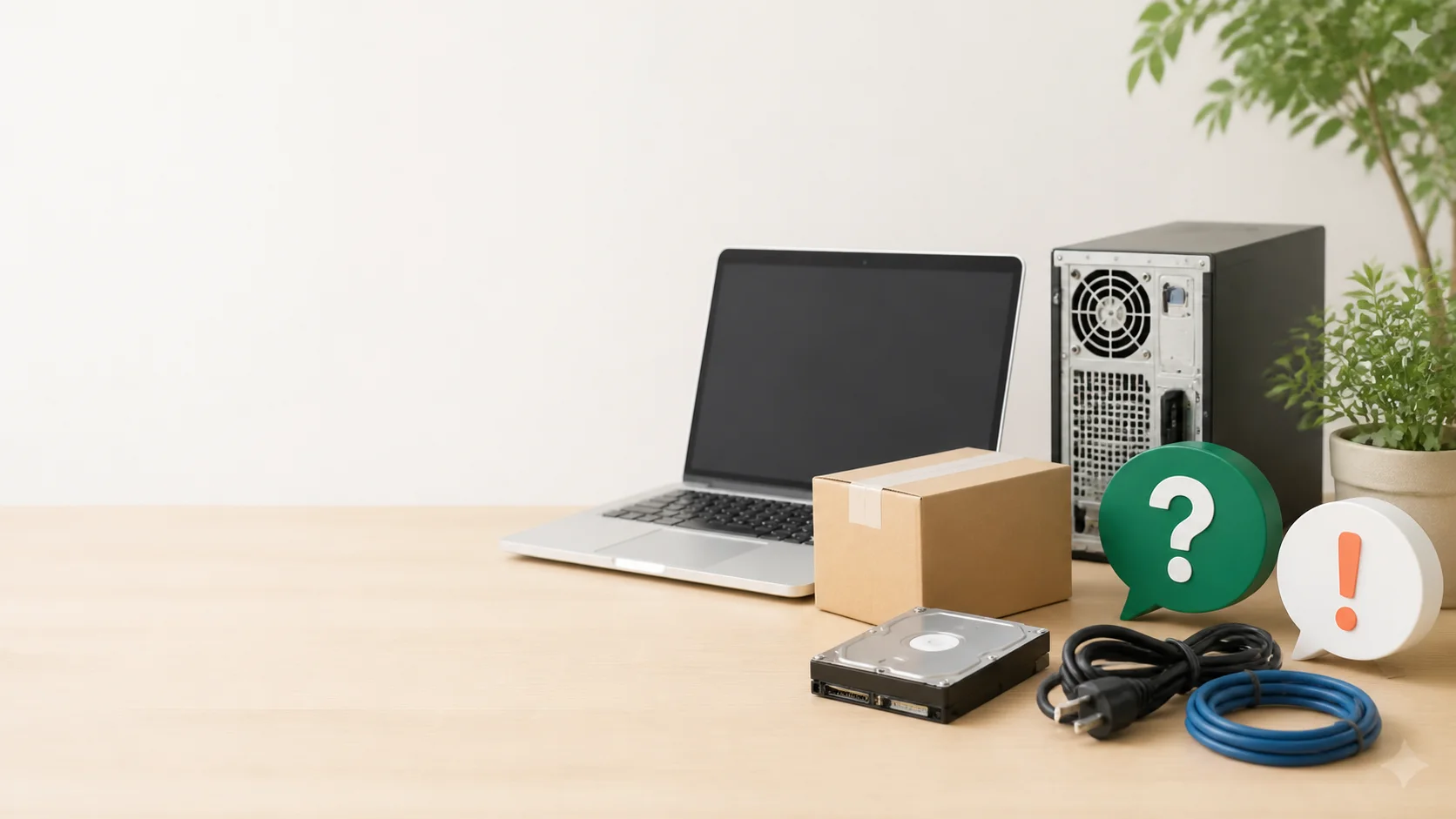 古いパソコン、HDD、ケーブルと発送用の箱を前に、回収について確認するイメージ